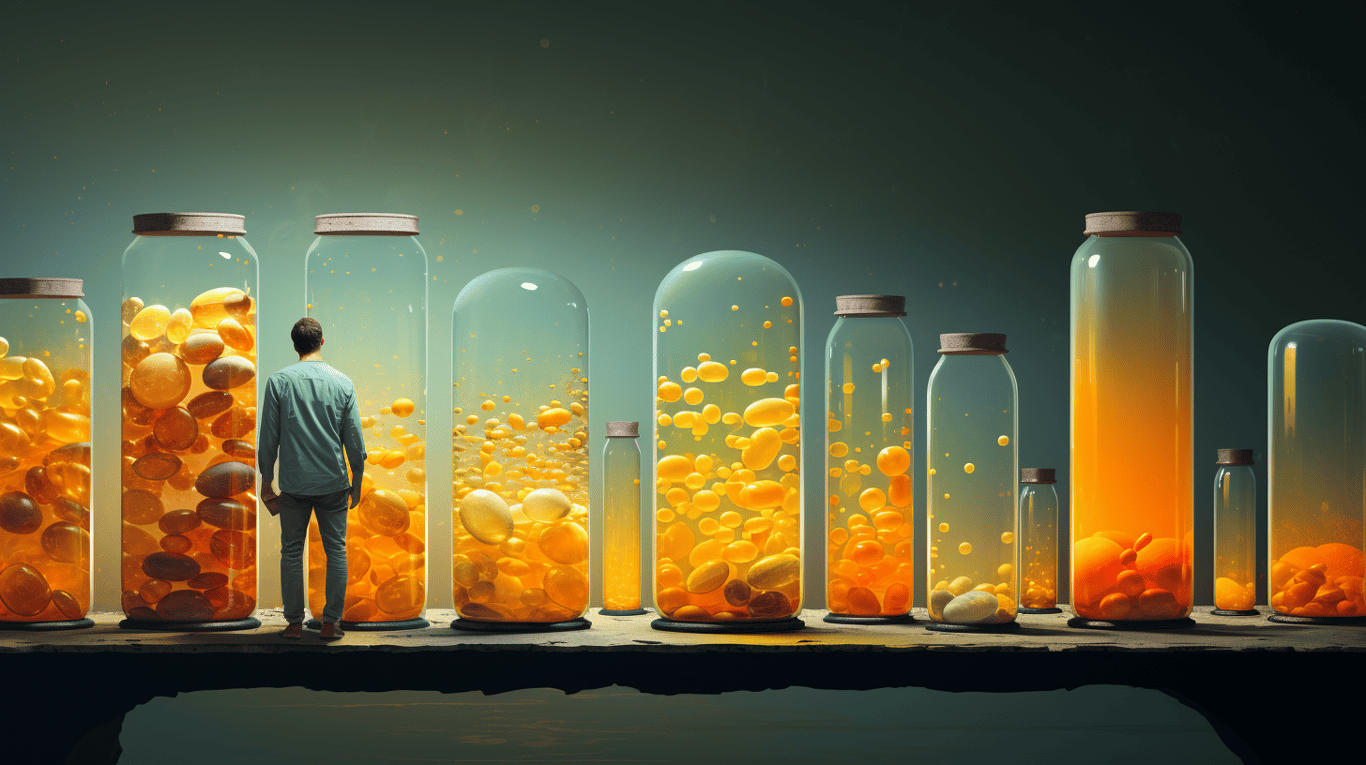 abstract image of a researcher studying a bottle of drug.