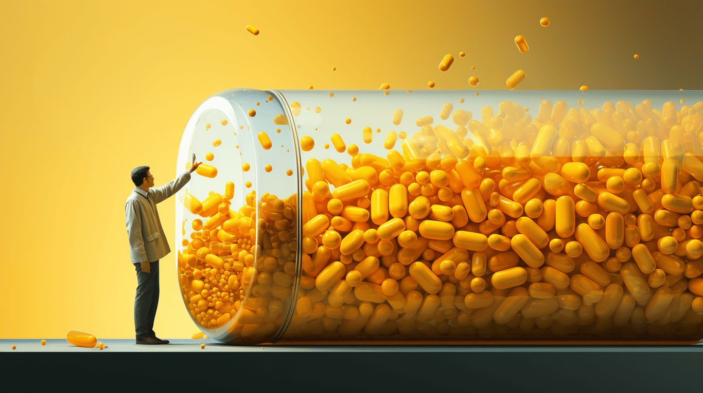 abstract image of a researcher studying a bottle of drug.