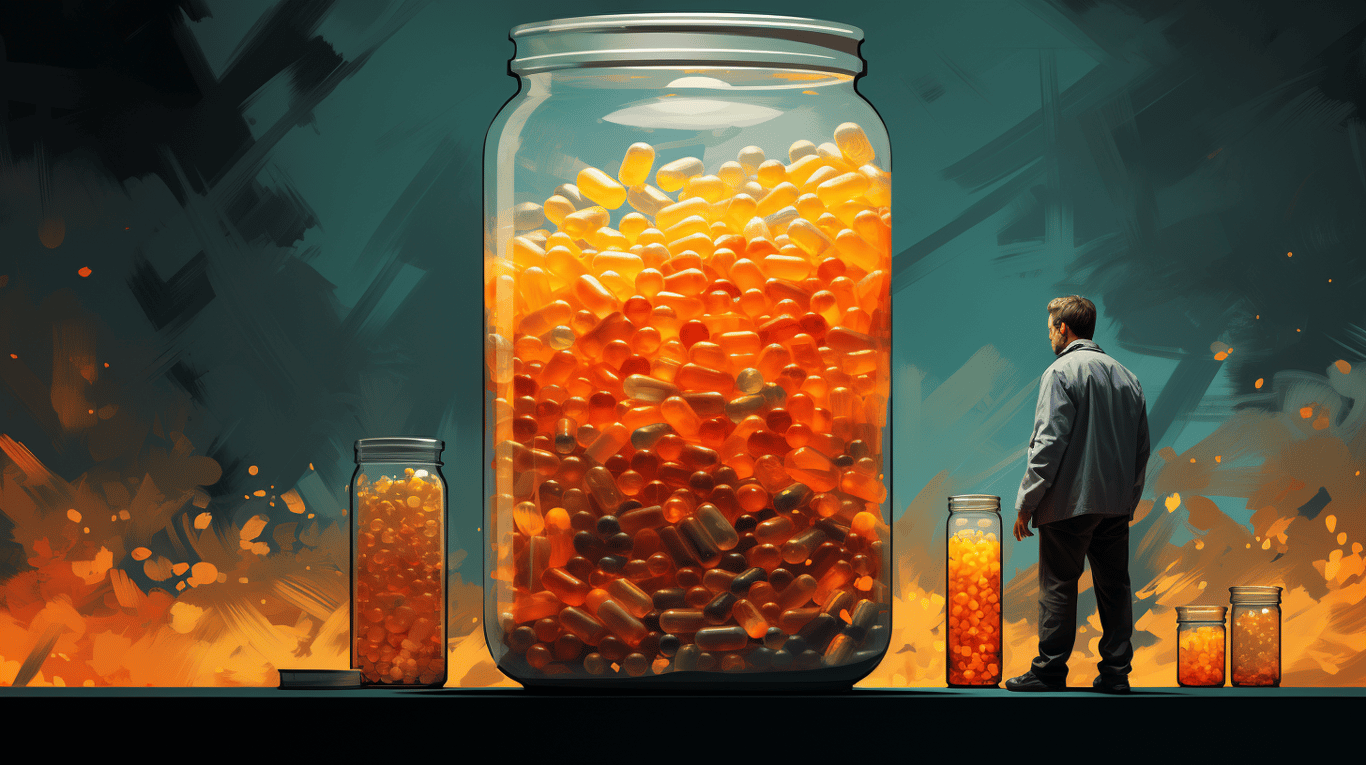 abstract image of a researcher studying a bottle of drug.