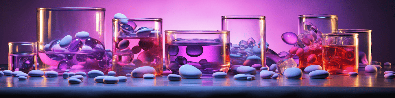 image of drug pills surrounding a glass of water symbolizing drug consumption