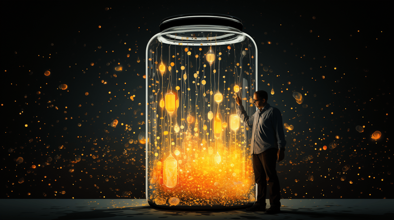 abstract image of a researcher studying a bottle of drug.