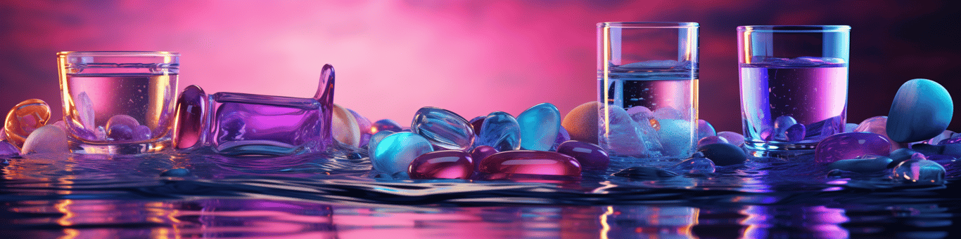 image of drug pills surrounding a glass of water symbolizing drug consumption