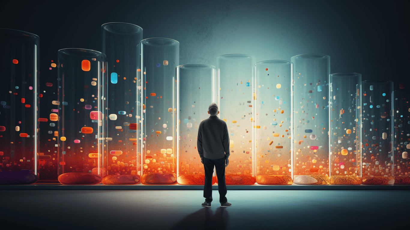 abstract image of a researcher studying a bottle of drug.