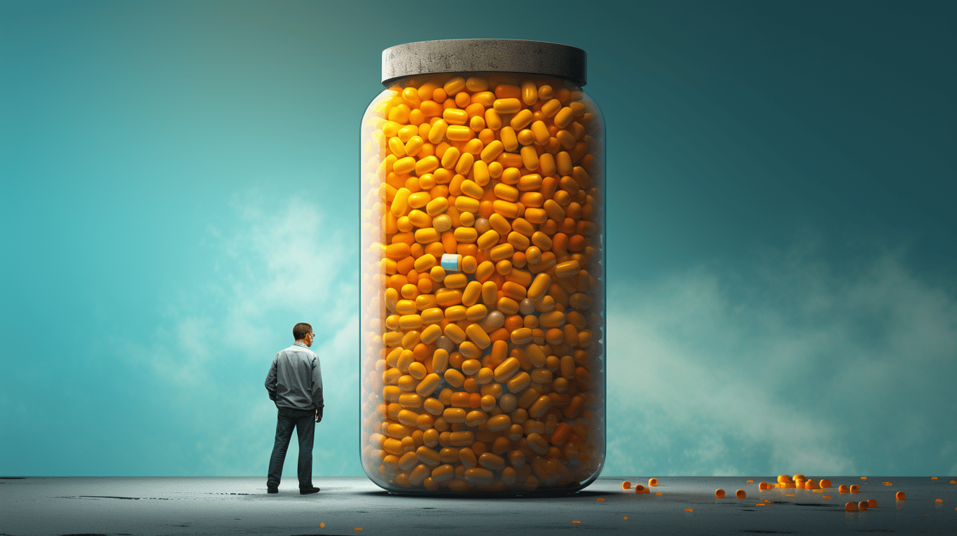 abstract image of a researcher studying a bottle of drug.