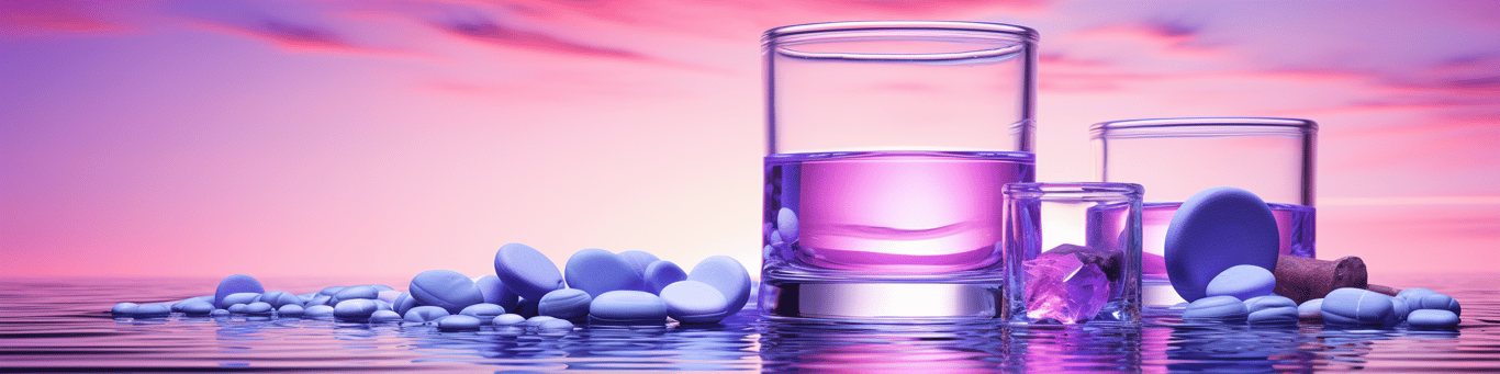 image of drug pills surrounding a glass of water symbolizing drug consumption