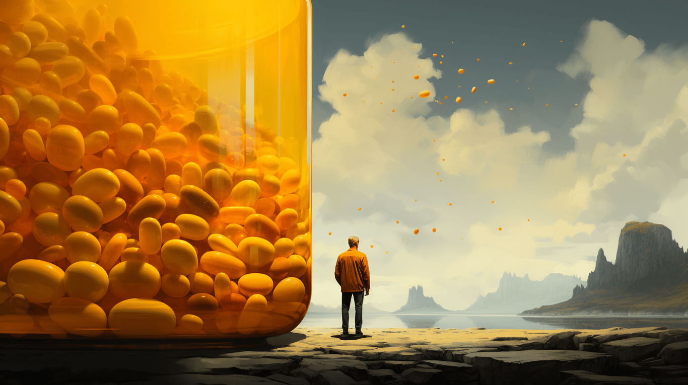 abstract image of a researcher studying a bottle of drug.