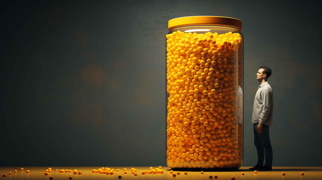 abstract image of a researcher studying a bottle of drug.