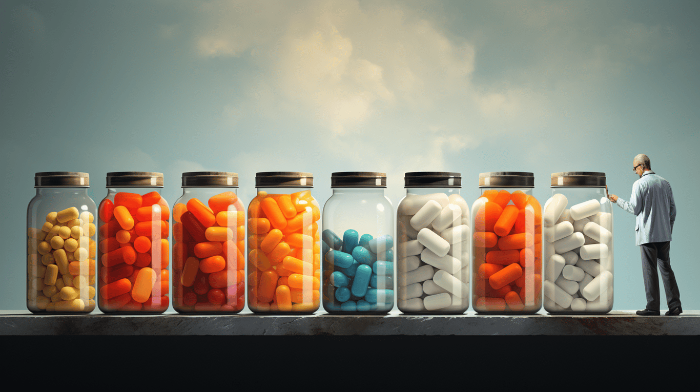 abstract image of a researcher studying a bottle of drug.