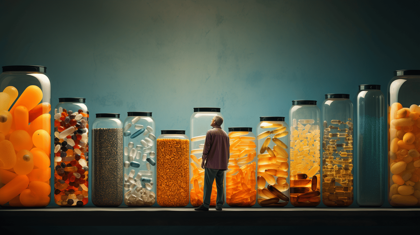 abstract image of a researcher studying a bottle of drug.