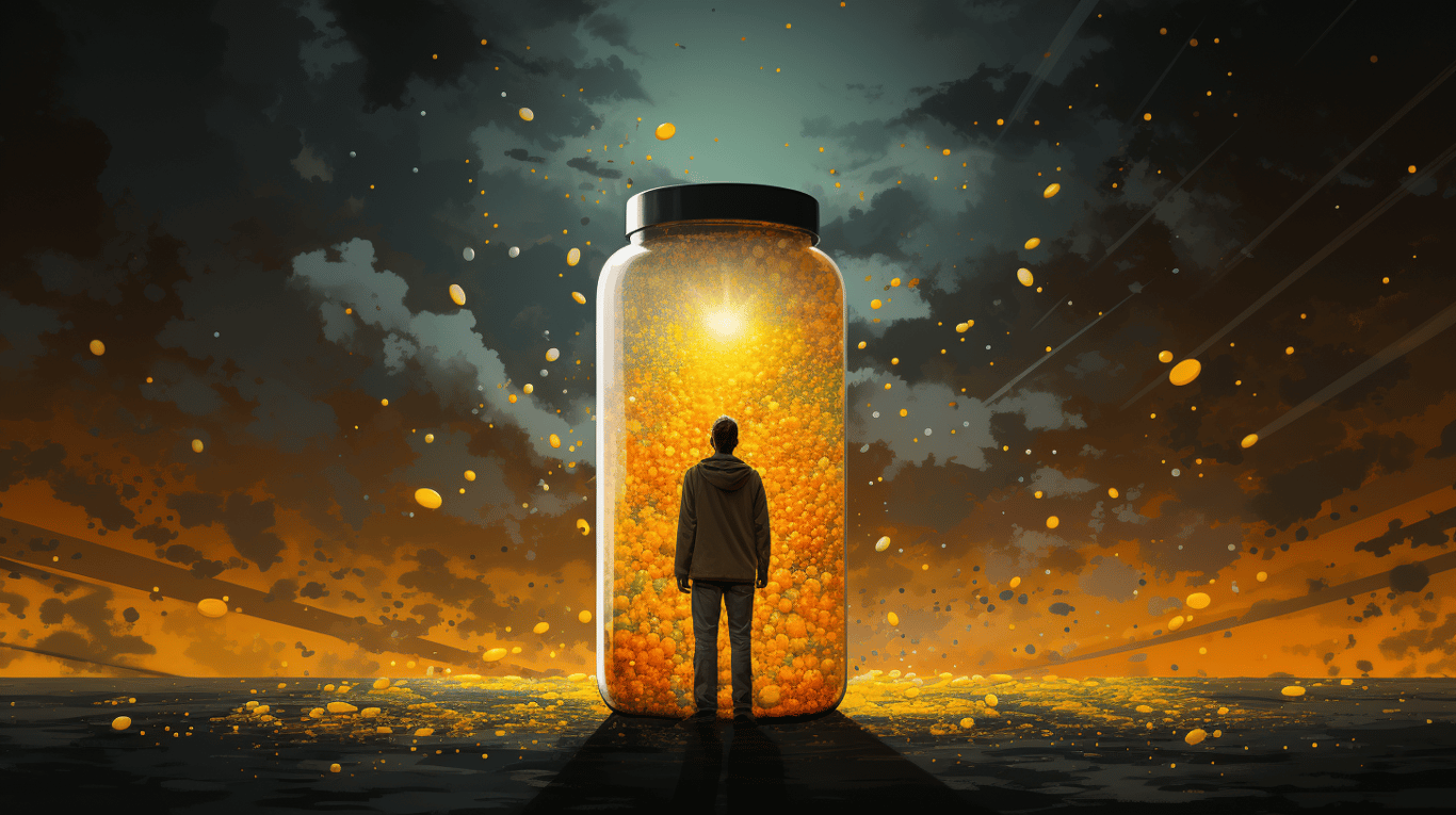 abstract image of a researcher studying a bottle of drug.