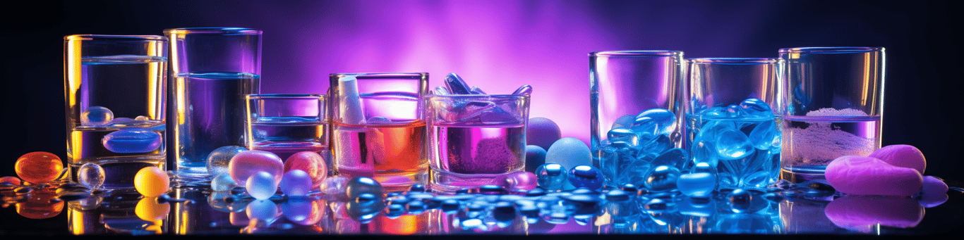 image of drug pills surrounding a glass of water symbolizing drug consumption