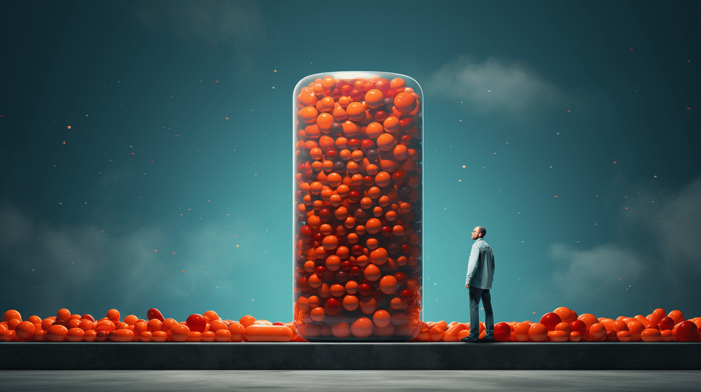 abstract image of a researcher studying a bottle of drug.