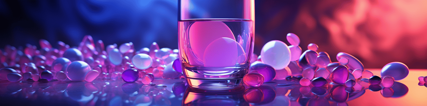 image of drug pills surrounding a glass of water symbolizing drug consumption