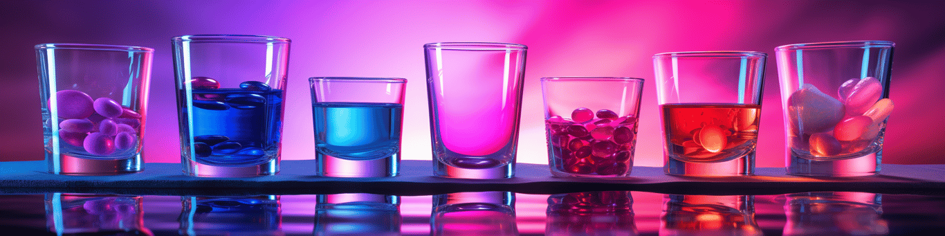 image of drug pills surrounding a glass of water symbolizing drug consumption