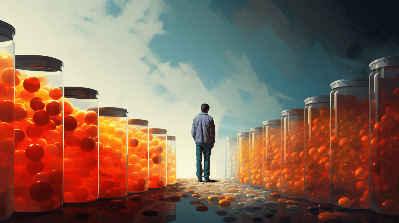 abstract image of a researcher studying a bottle of drug.