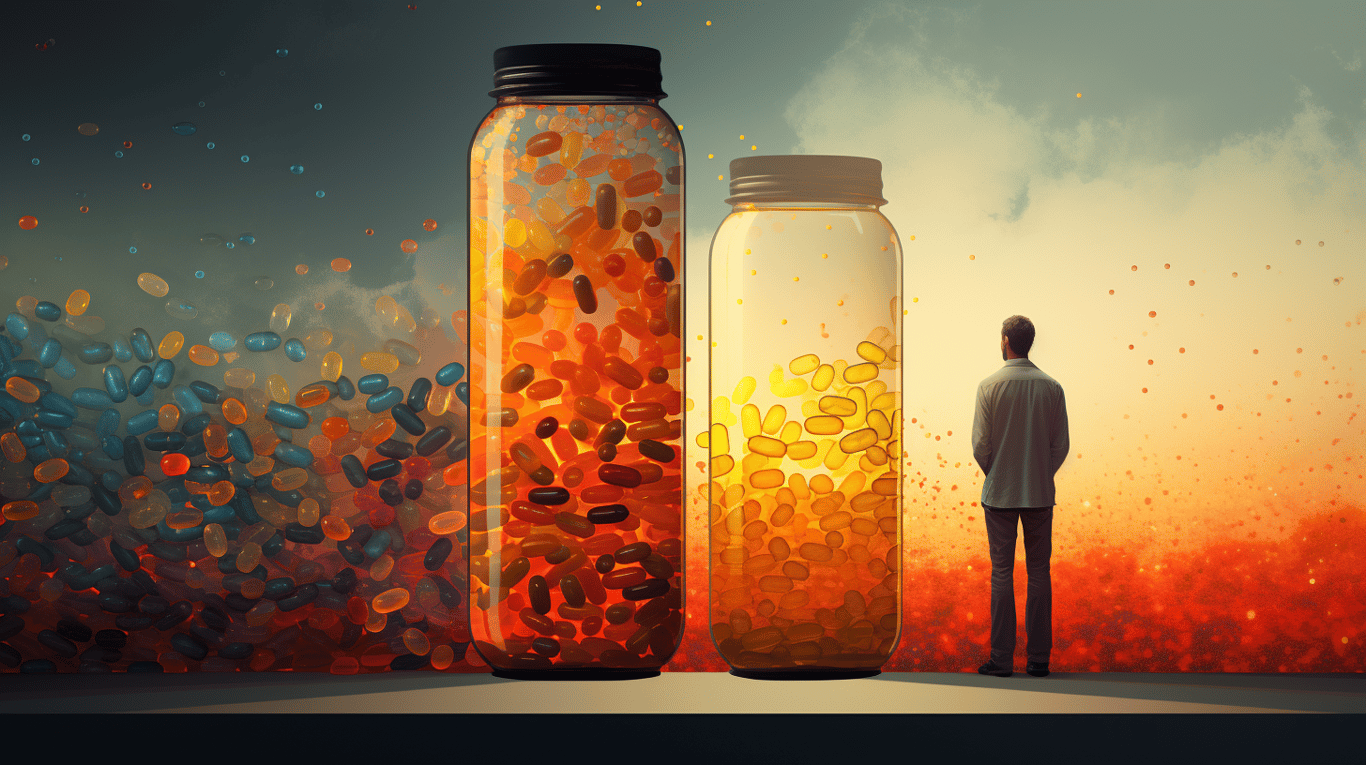 abstract image of a researcher studying a bottle of drug.