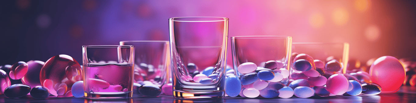 image of drug pills surrounding a glass of water symbolizing drug consumption