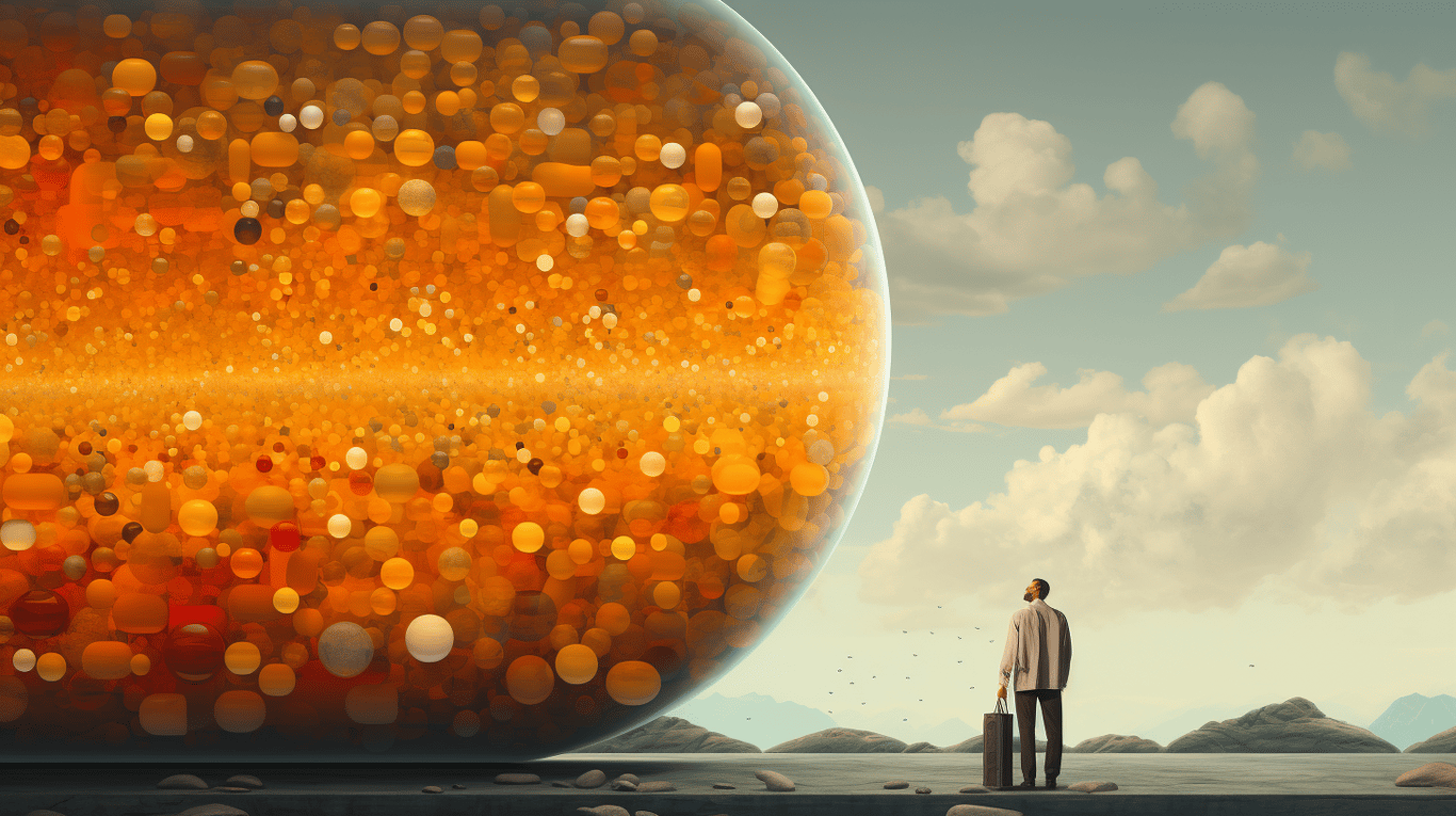 abstract image of a researcher studying a bottle of drug.