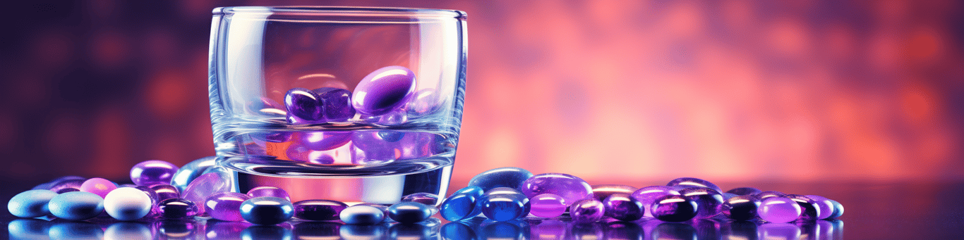 image of drug pills surrounding a glass of water symbolizing drug consumption