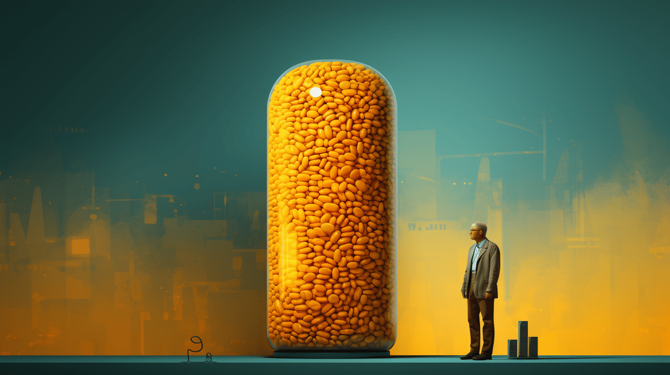 abstract image of a researcher studying a bottle of drug.