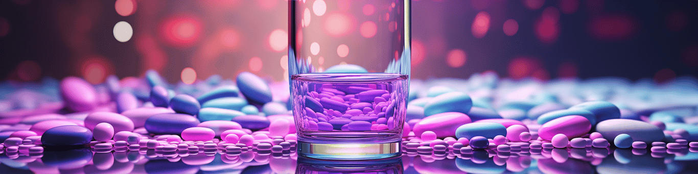 image of drug pills surrounding a glass of water symbolizing drug consumption