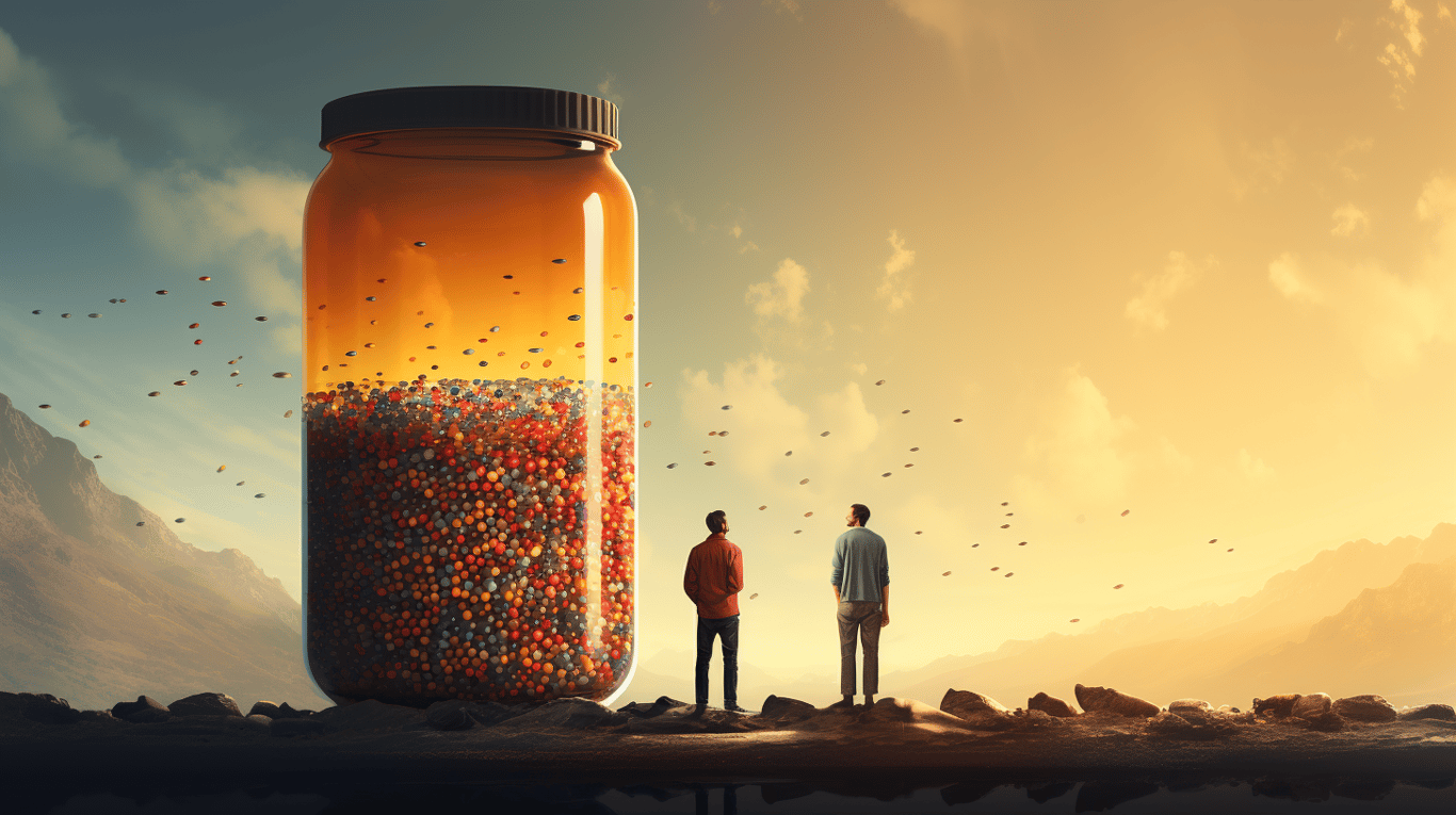 abstract image of a researcher studying a bottle of drug.