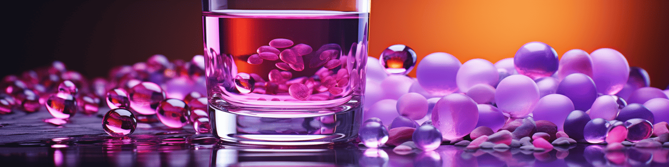 image of drug pills surrounding a glass of water symbolizing drug consumption