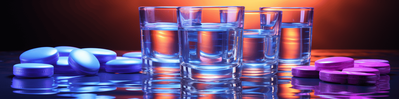 image of drug pills surrounding a glass of water symbolizing drug consumption