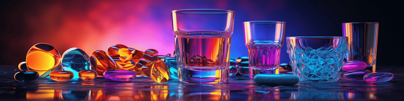 image of drug pills surrounding a glass of water symbolizing drug consumption