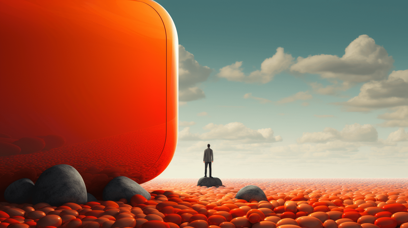 abstract image of a researcher studying a bottle of drug.