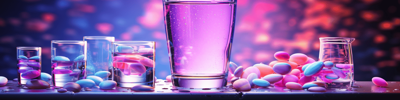 image of drug pills surrounding a glass of water symbolizing drug consumption