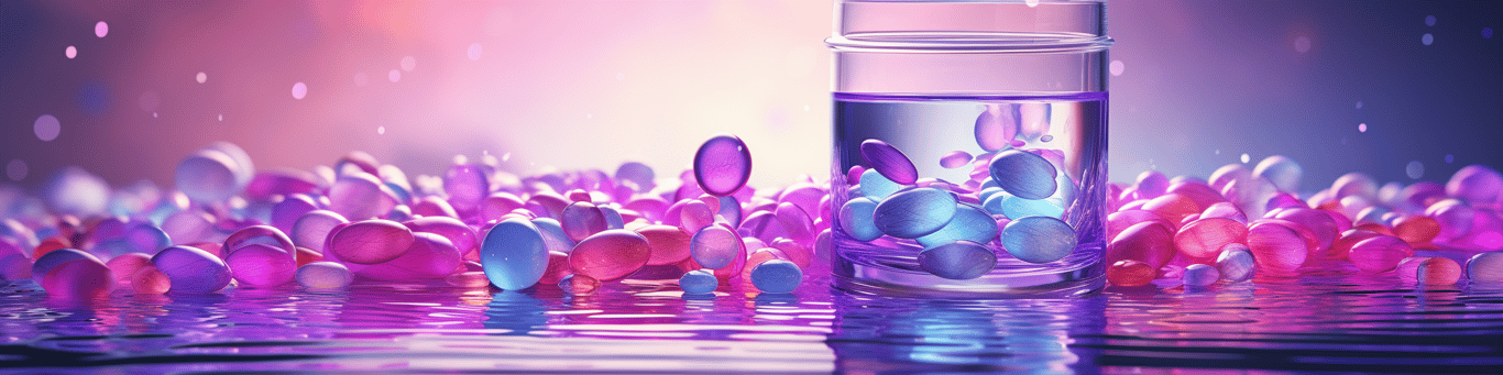 image of drug pills surrounding a glass of water symbolizing drug consumption