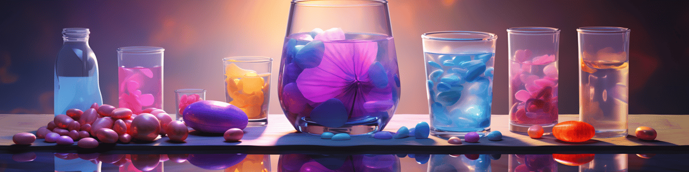 image of drug pills surrounding a glass of water symbolizing drug consumption