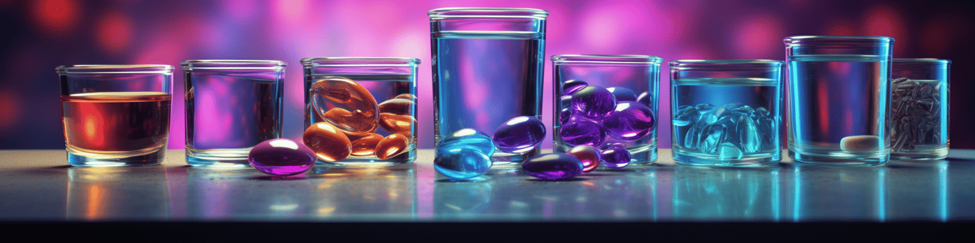 image of drug pills surrounding a glass of water symbolizing drug consumption