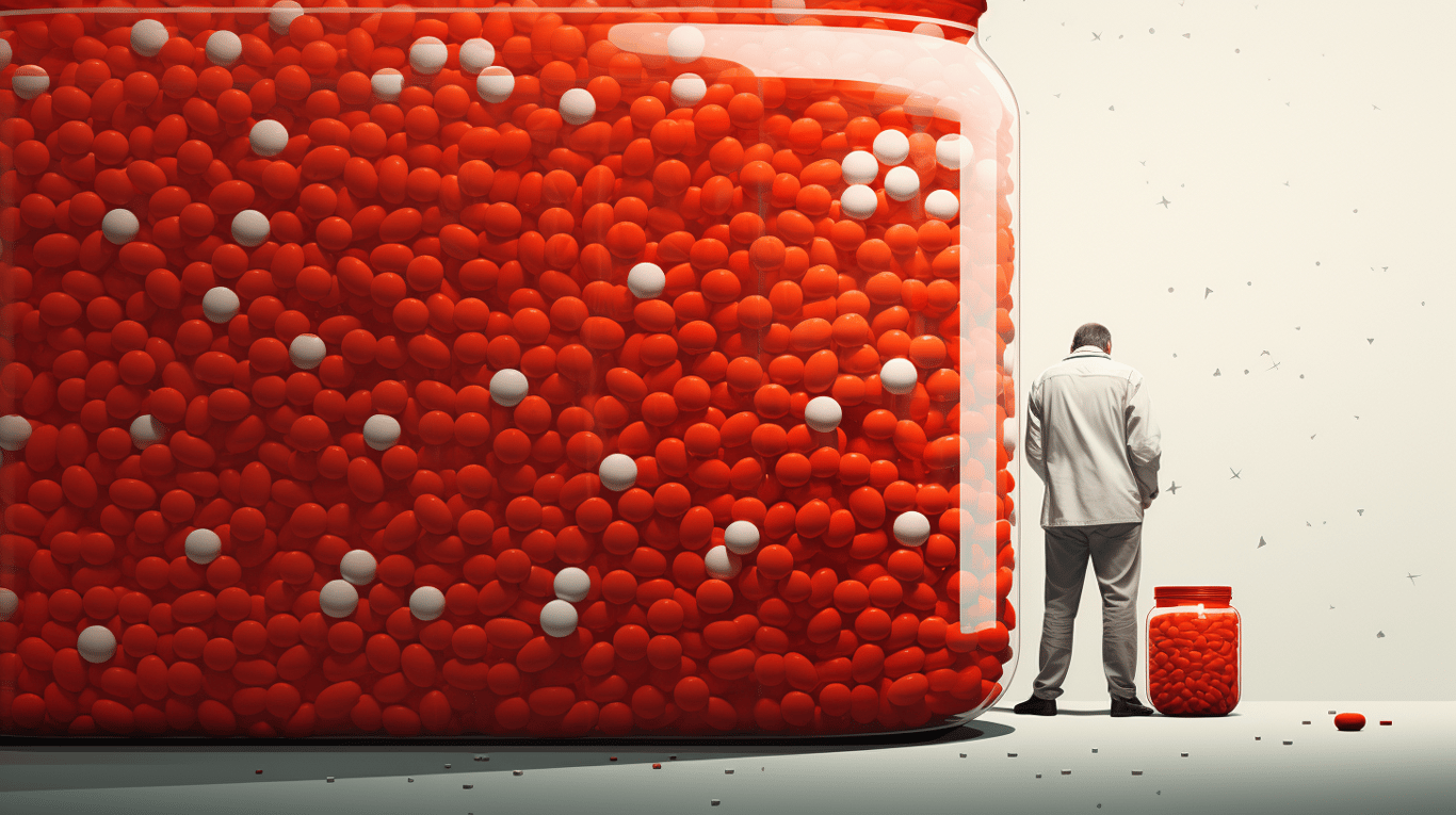 abstract image of a researcher studying a bottle of drug.