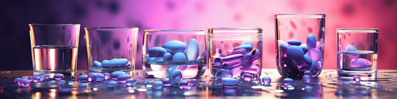 image of drug pills surrounding a glass of water symbolizing drug consumption