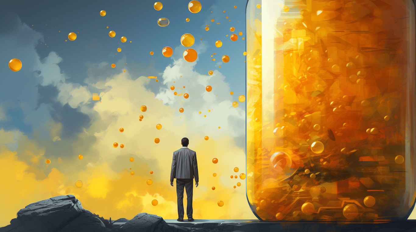 abstract image of a researcher studying a bottle of drug.