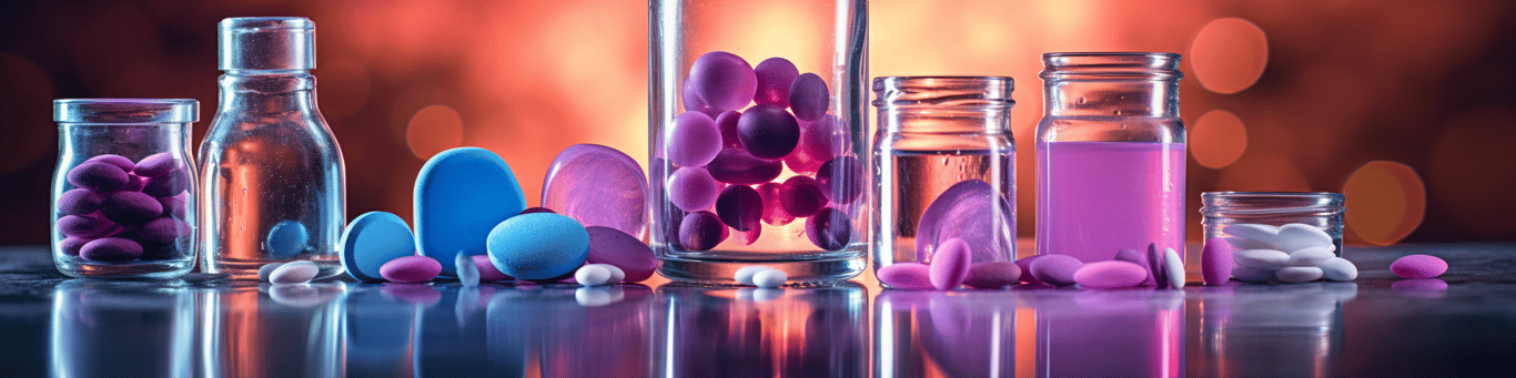 image of drug pills surrounding a glass of water symbolizing drug consumption