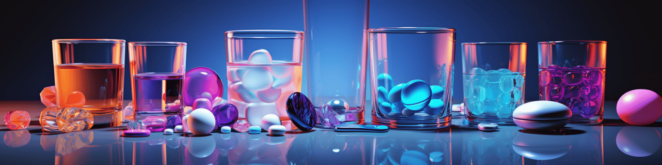 image of drug pills surrounding a glass of water symbolizing drug consumption