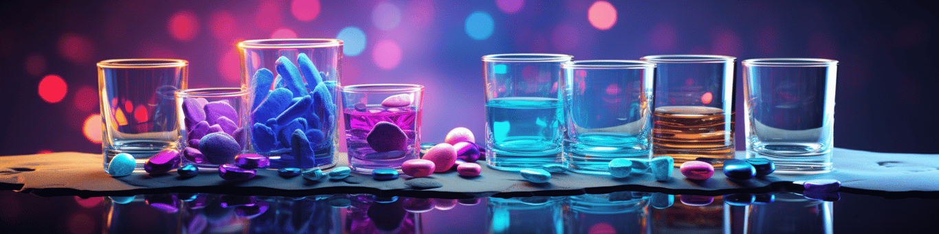 image of drug pills surrounding a glass of water symbolizing drug consumption