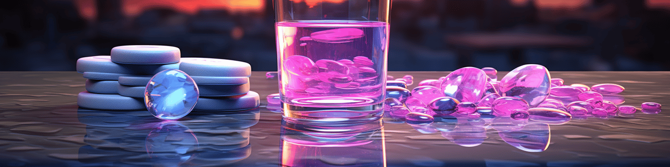 image of drug pills surrounding a glass of water symbolizing drug consumption