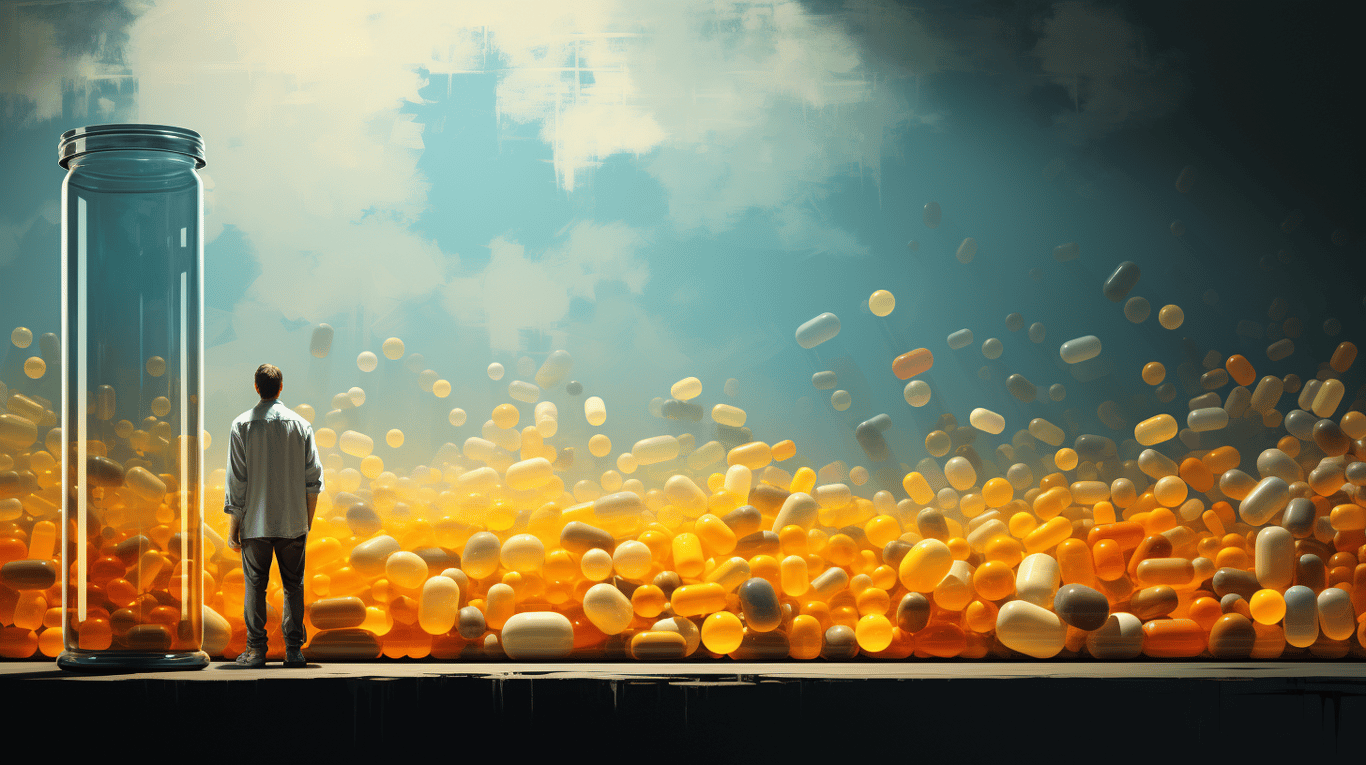 abstract image of a researcher studying a bottle of drug.