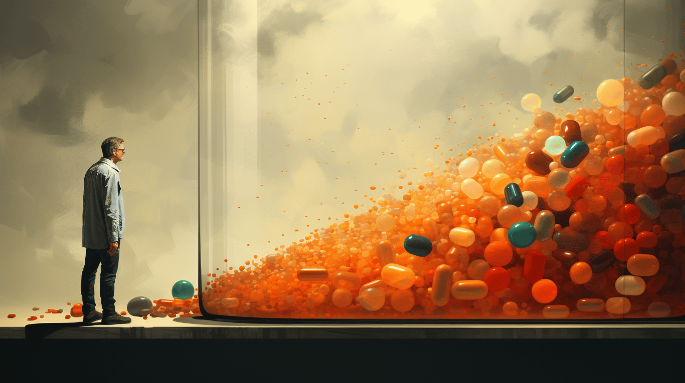 abstract image of a researcher studying a bottle of drug.