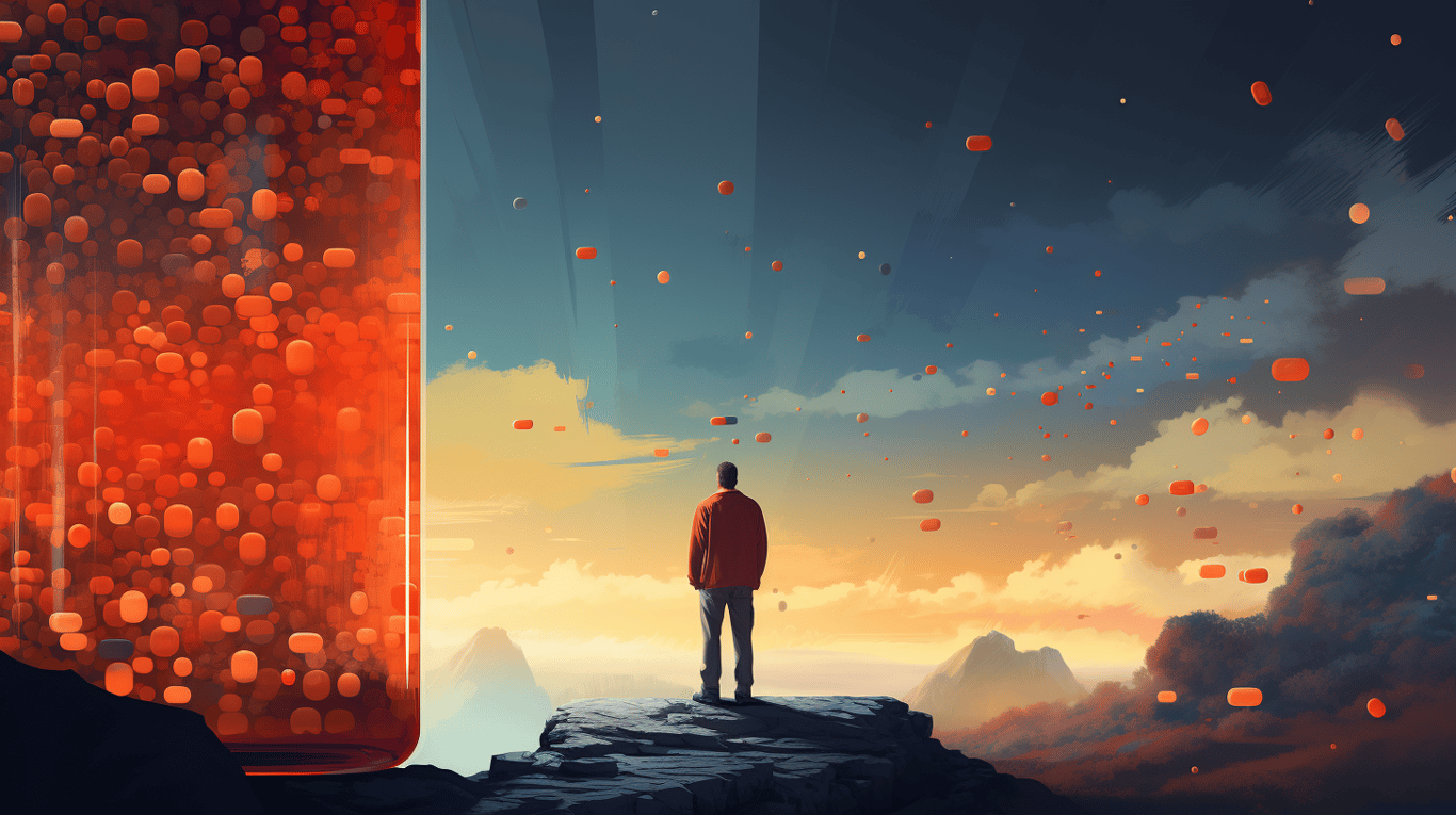 abstract image of a researcher studying a bottle of drug.