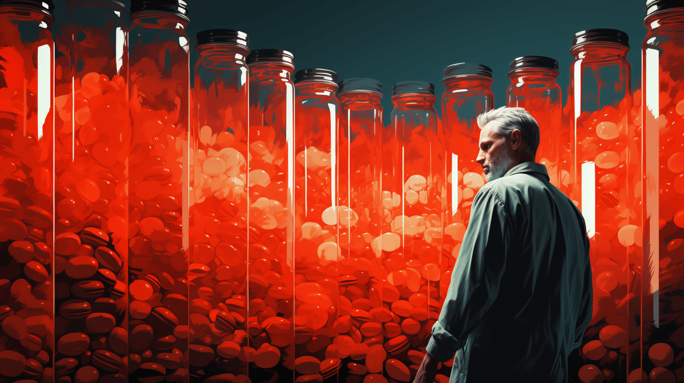 abstract image of a researcher studying a bottle of drug.