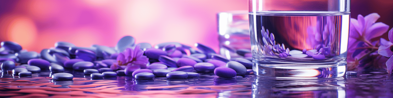 image of drug pills surrounding a glass of water symbolizing drug consumption