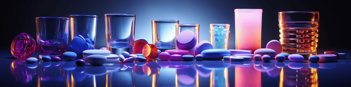 image of drug pills surrounding a glass of water symbolizing drug consumption