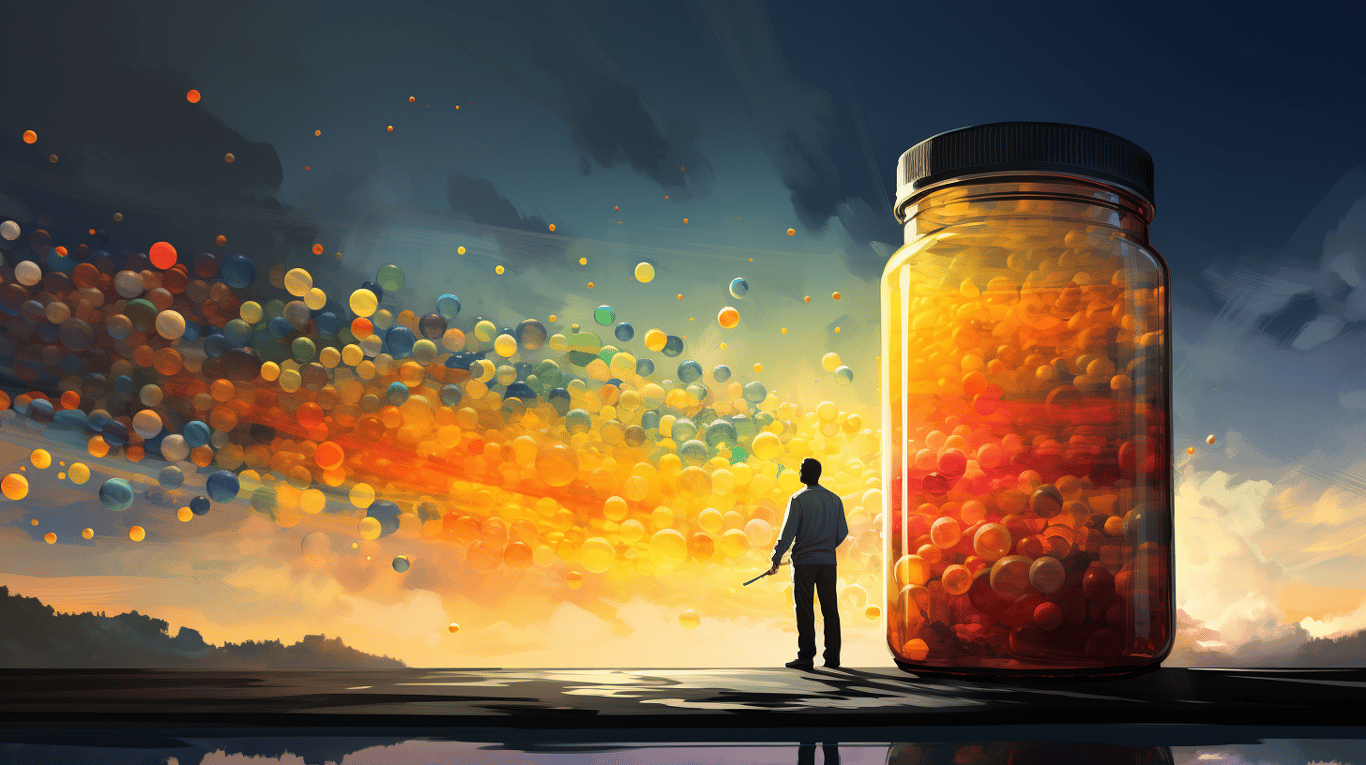 abstract image of a researcher studying a bottle of drug.