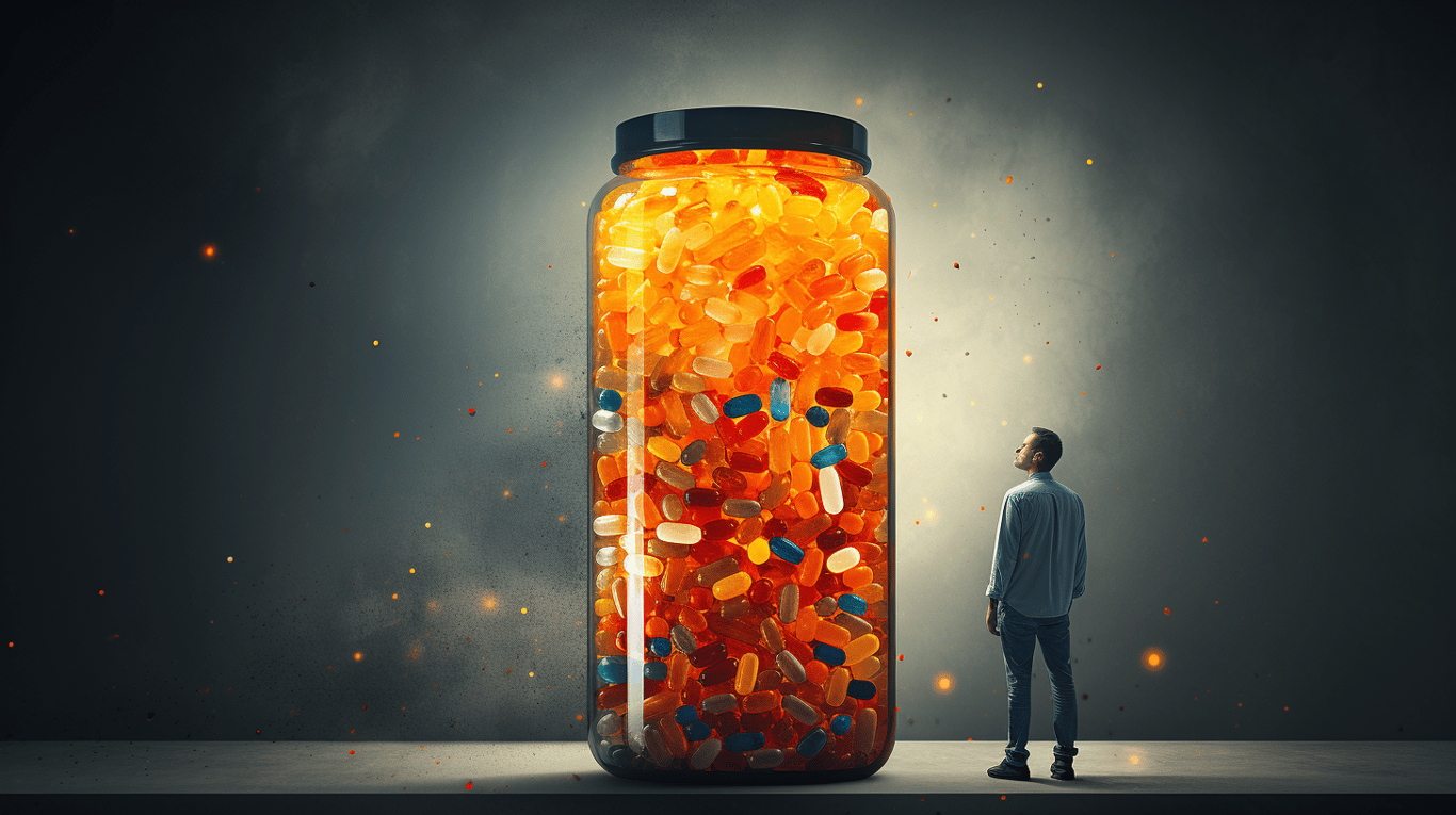 abstract image of a researcher studying a bottle of drug.