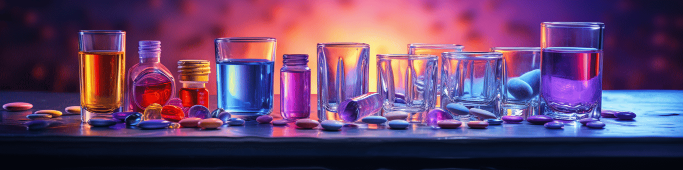 image of drug pills surrounding a glass of water symbolizing drug consumption